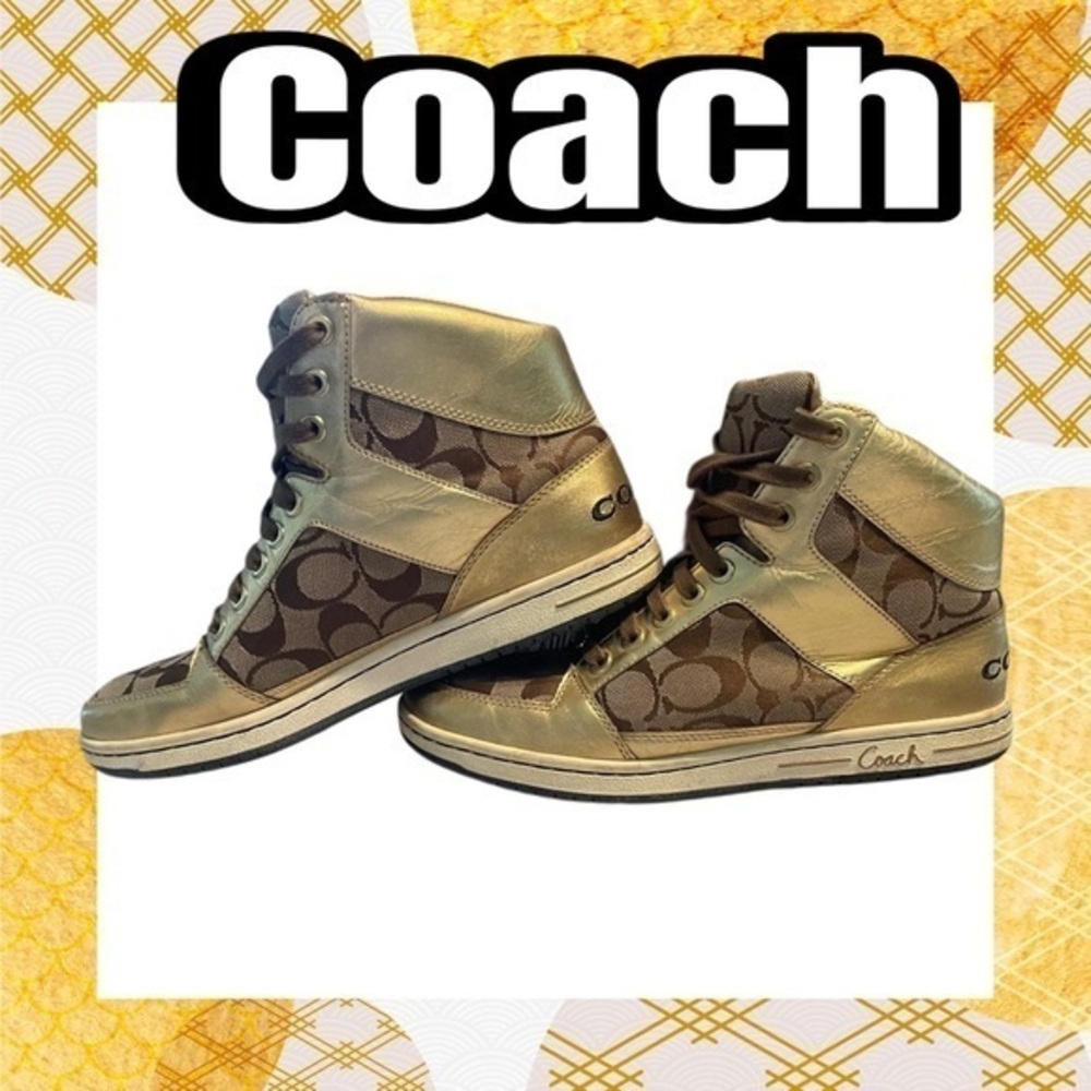 Coach Norra Gold Leather High Tops Sneakers Signature Print A1431 Size 9​